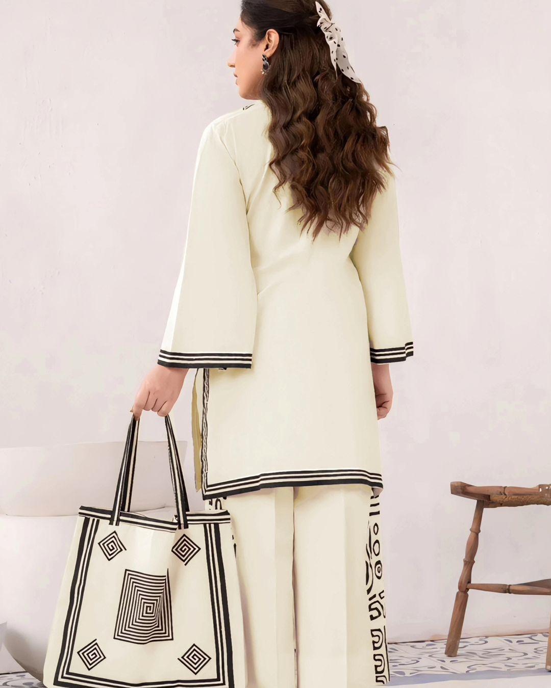 Elegant Embroidered Linen Shirt and Trouser Set for Women with Handbag