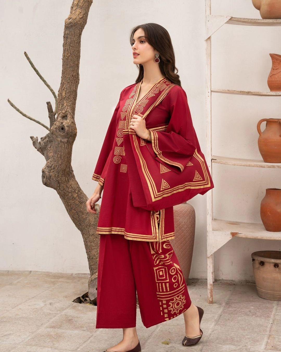 Elegant Embroidered Linen Shirt and Trouser Set for Women with Handbag
