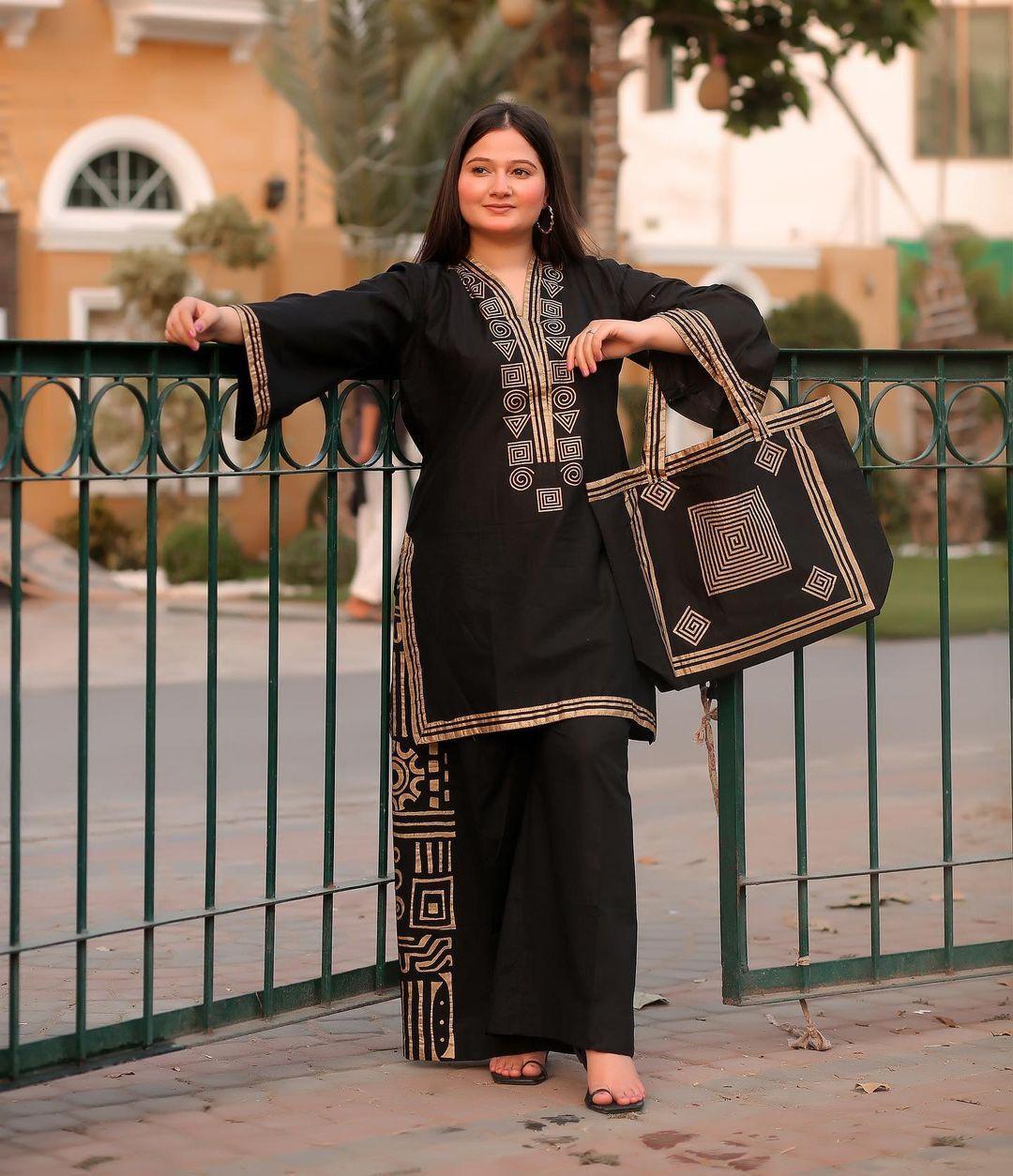 Elegant Embroidered Linen Shirt and Trouser Set for Women with Handbag